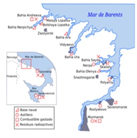 Mapa con los emplazamientos de las bases de la Flota Norte, incluidos astilleros y depósitos de material radioactivo (Fundación noruega Bellona). 