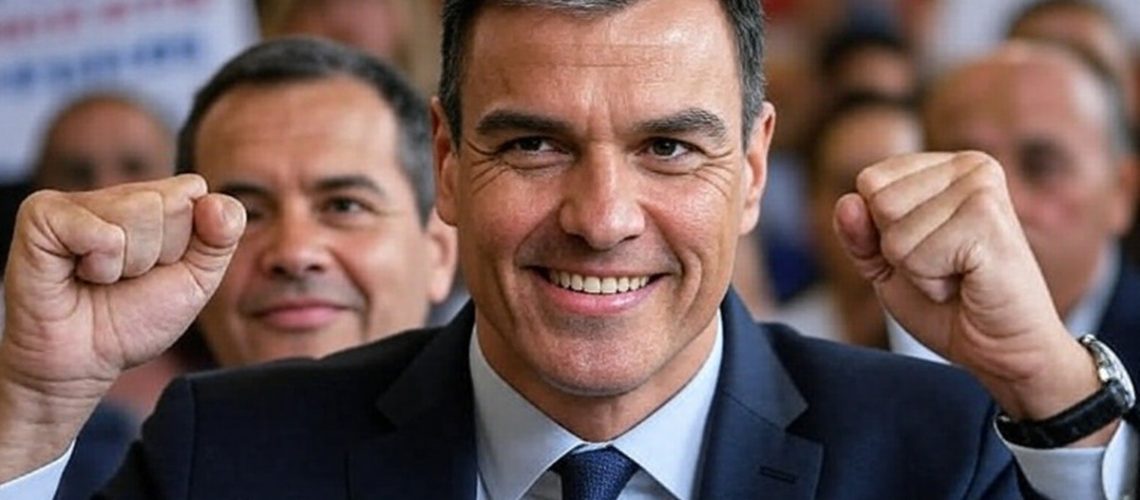 Pedro Sánchez celebra con los puños cerrados